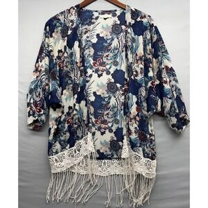 Rachael & Chloe Womens Kimono Coverup Cardigan Size Small Floral Fringe Boho